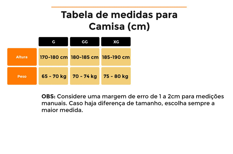 tabela medidas Camiseta Esportiva respirável