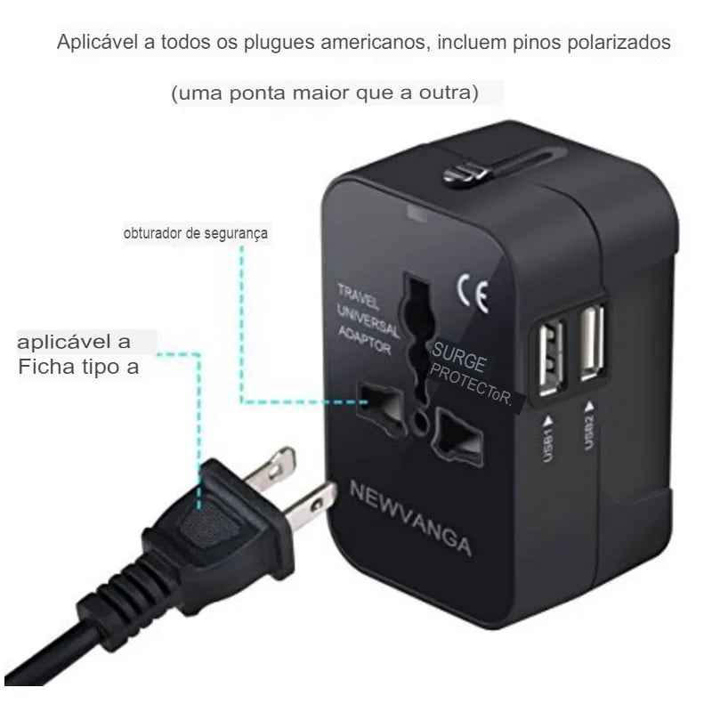 Adaptador Universal para Viagens com Dupla Porta USB e Plugue Universal